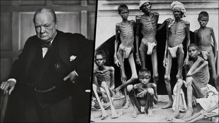 Picture of Churchill alongside picture of victims of British caused famine
