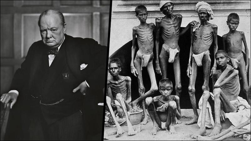 Picture of Churchill alongside picture of victims of British caused famine
